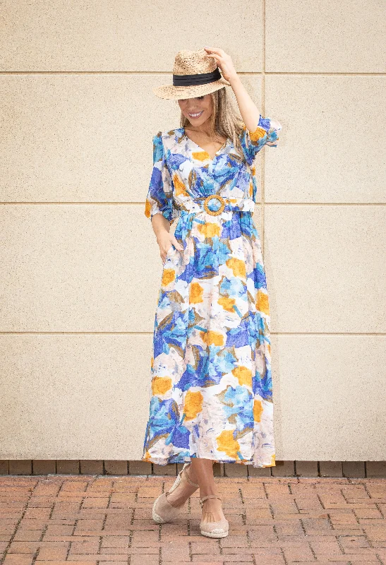 Abstract Leaf Print Midi Dress Trendy Ruffled Sleeve Midi Dress