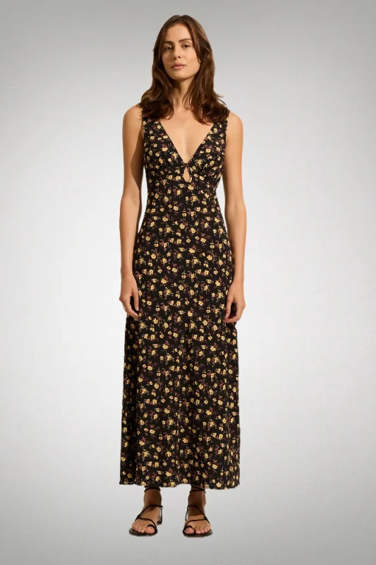 AUGUSTE THE LABEL Womens Iona Midi Dress - Black Eloise Ditsy Floral Comfortable Ruched Midi Dress