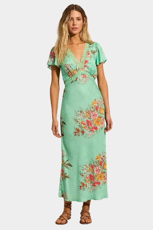 AUGUSTE THE LABEL Womens Rianne Midi Dress - Leonie Mint Green Floral Elegant Pleated Sleeve Midi Dress