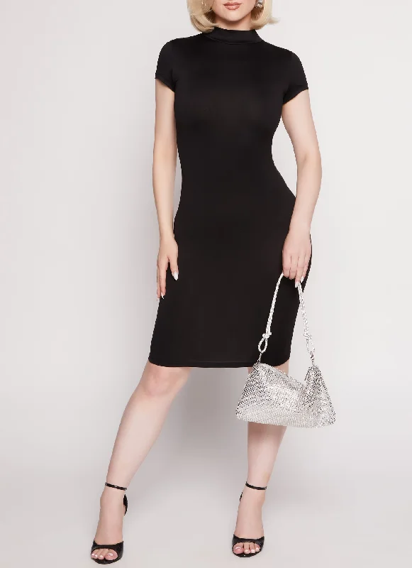 Solid Mock Neck Midi Dress Stylish Midi Dress with Cuffs