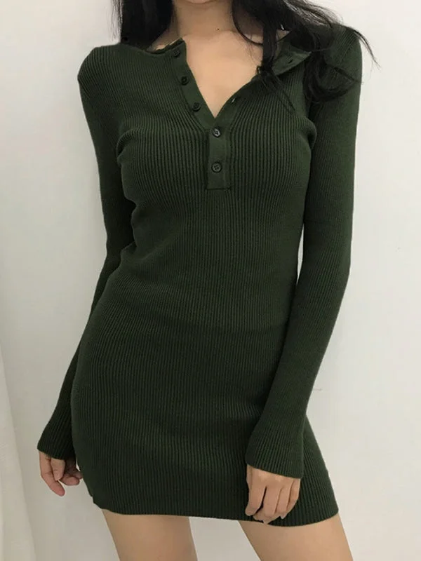 BerryBetty - Button Front Ribbed Knit Long Sleeve Mini Dress Cozy Wraparound Mini Dress