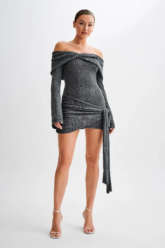 Camryn Off Shoulder Tie Knit Mini Dress - Charcoal Stylish Spaghetti Strap Mini Dress