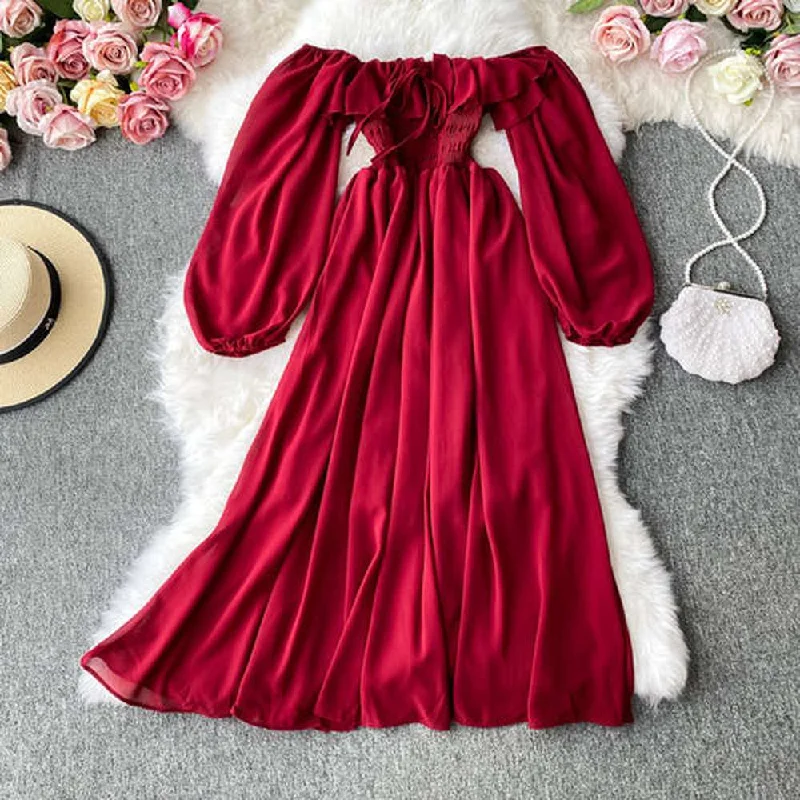 Chic Red Off Shoulder With Ruffles Long Puff Sleeve Midi Dress AR1019 Cozy Wide Strap Midi Dress