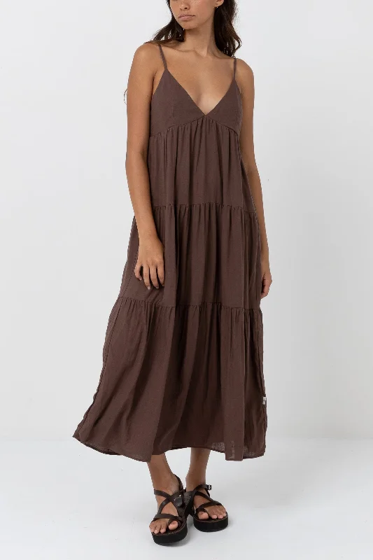 Classic Tiered Midi Dress Chocolate Trendy Square Neck Midi Dress