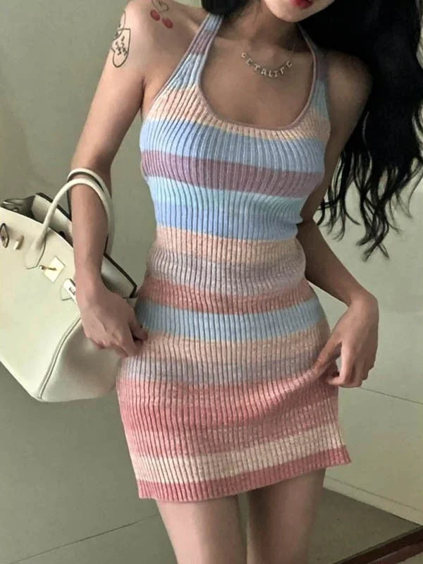 BerryBetty - Color Block Striped Halter Knitted Mini Dress Stylish Sweetheart Mini Dress