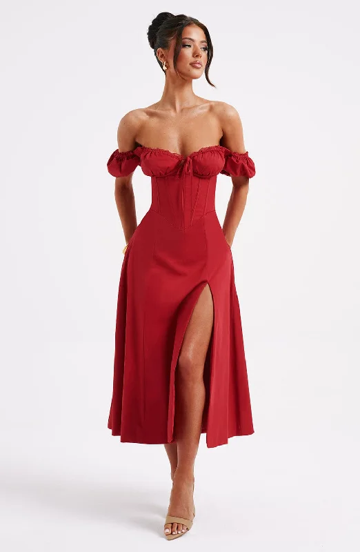 Courtney Midi Dress - Red Elegant Pleated Sleeve Midi Dress