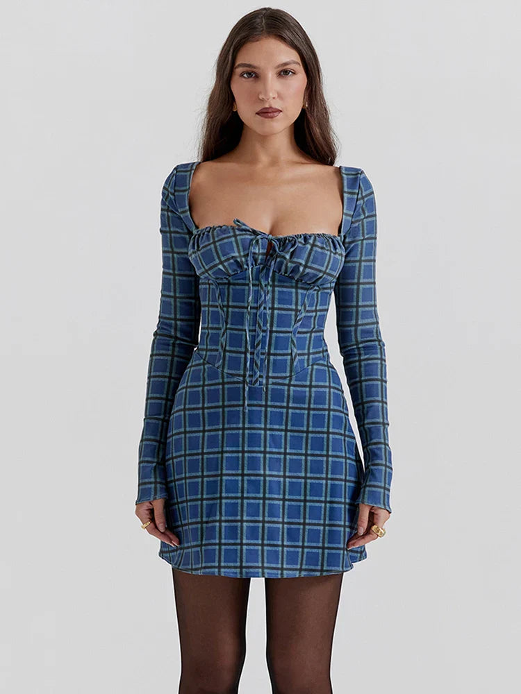 Tartan Square Collar Lace-up A-line Mini Dress Spring Floral Dress Comfortable Polka Dot Mini Dress