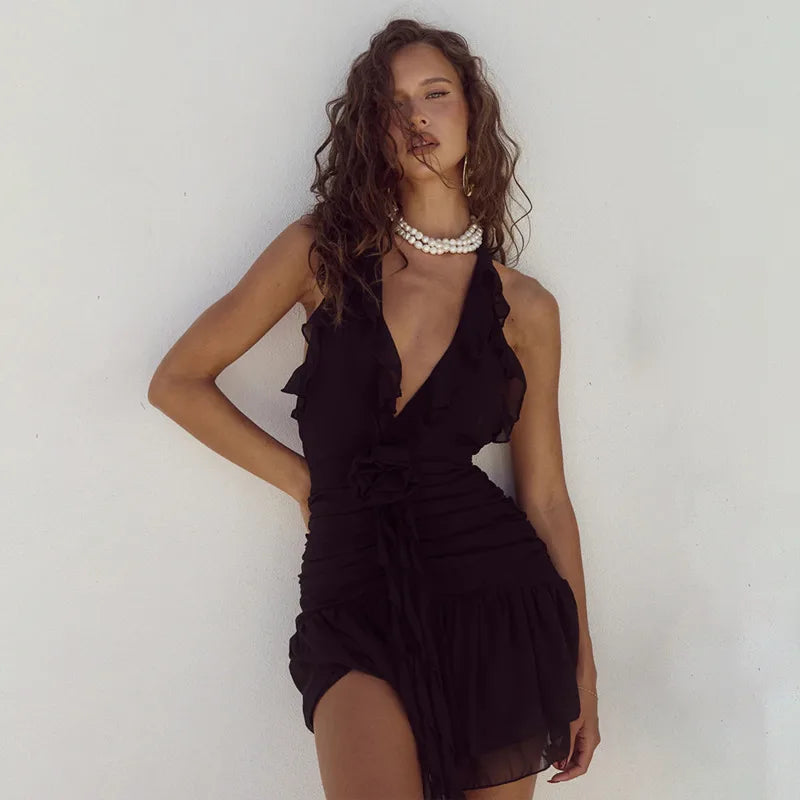 Summer Hanging Neck V-Neck Fashion Slim Fit Off Back Mini Dress Comfortable Shift Mini Dress