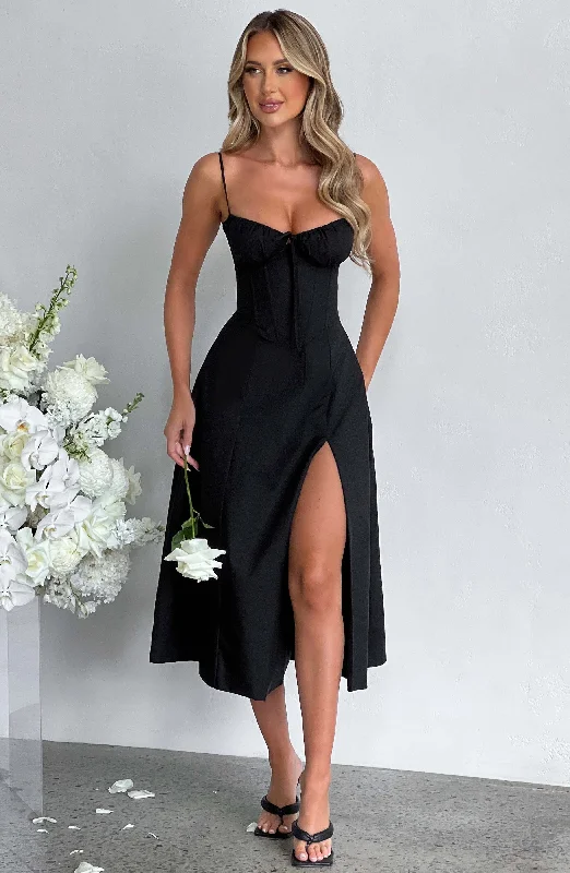 Deanna Midi Dress - Black Trendy Off-Shoulder Button Midi Dress