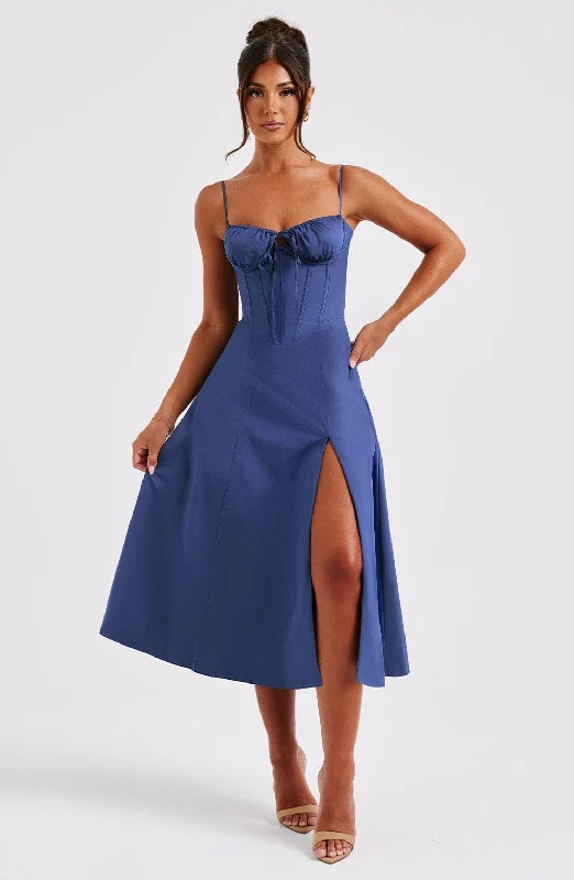 Deanna Midi Dress - Navy Trendy Off-Shoulder Ruffle Midi Dress