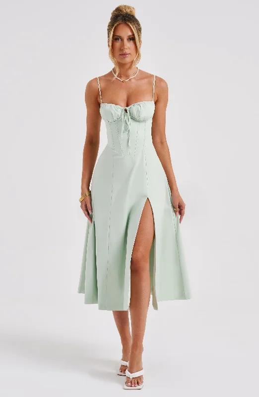 Deanna Midi Dress - Sage Trendy Fit-and-Flare Midi Dress