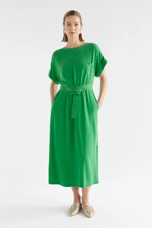 Elk Olyck Midi Dress - Vine Green Elegant Floral Appliqué Midi Dress