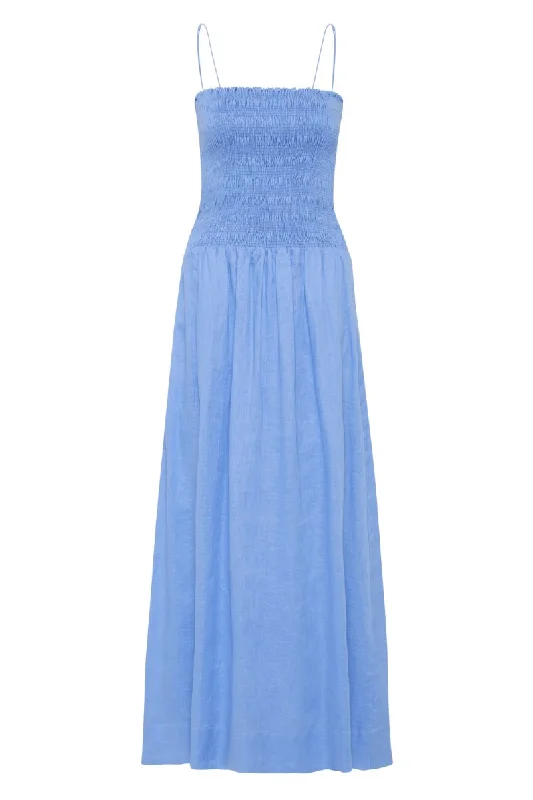 GERIBA MIDI DRESS-MID BLUE Elegant Lace Trim Midi Dress