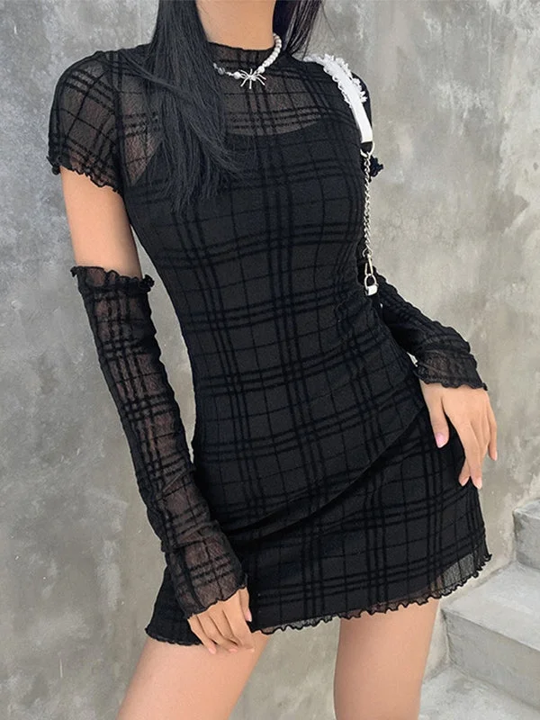 BerryBetty - Gloves Design Checkered Mini Dress Set Cozy A-Line Mini Dress