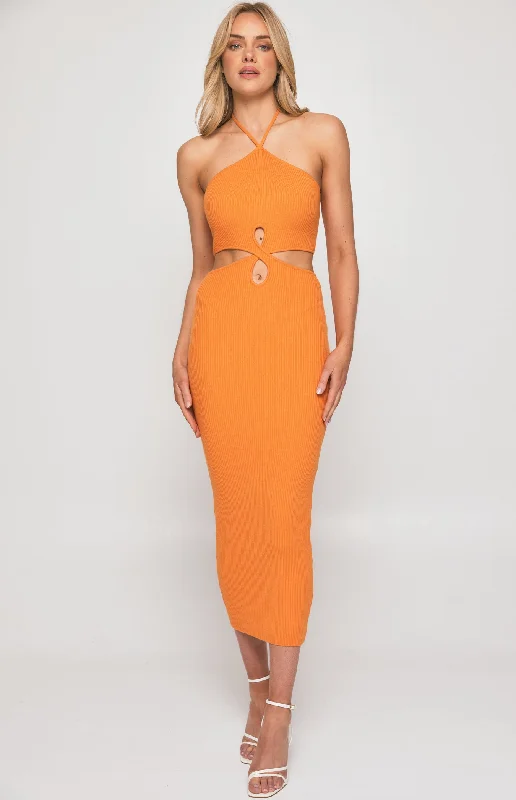 Halter Neck Knit Midi Dress with Loop Cut Out Details Fashionable Off-Shoulder Dress Midi