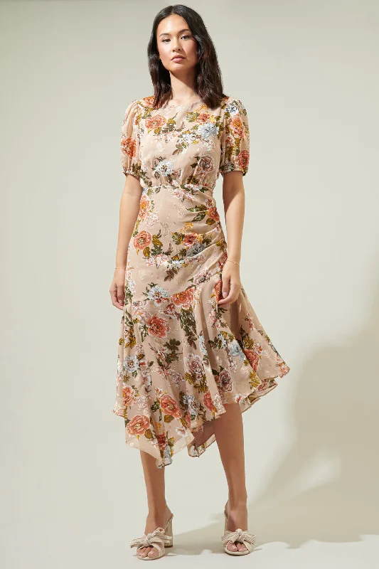 Harbin Floral Balboa Asymmetrical Midi Dress Trendy Ruffled Sleeve Midi Dress