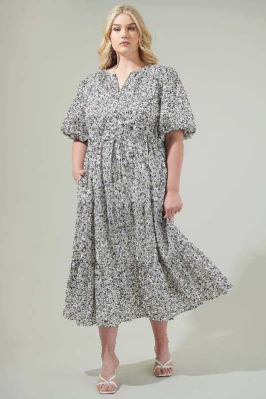 Heath Floral Balloon Sleeve Tiered Midi Dress Curve Fashionable Casual Midi Dress