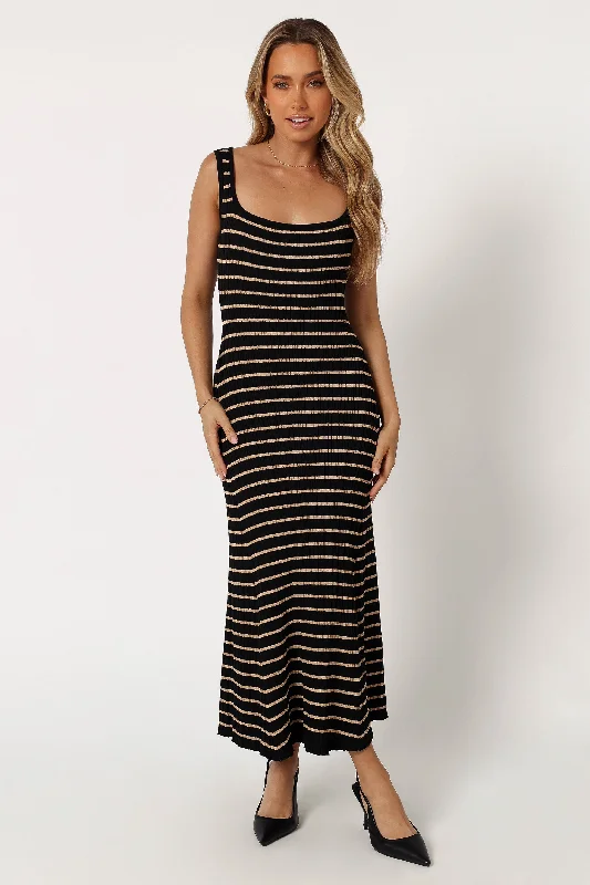 Henry Striped Midi Dress - Black Beige Chic Bohemian Midi Dress