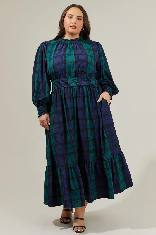 Hudson Plaid Caitlyn Smock Sleeve Midi Dress Curve Stylish Color Block Midi Dress