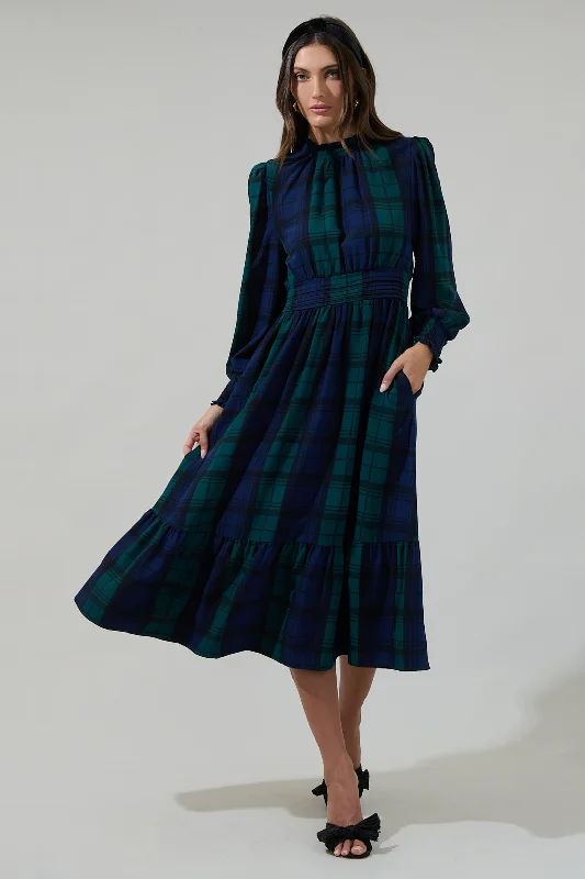 Hudson Plaid Caitlyn Smock Sleeve Midi Dress Comfortable Stretch Midi Dress