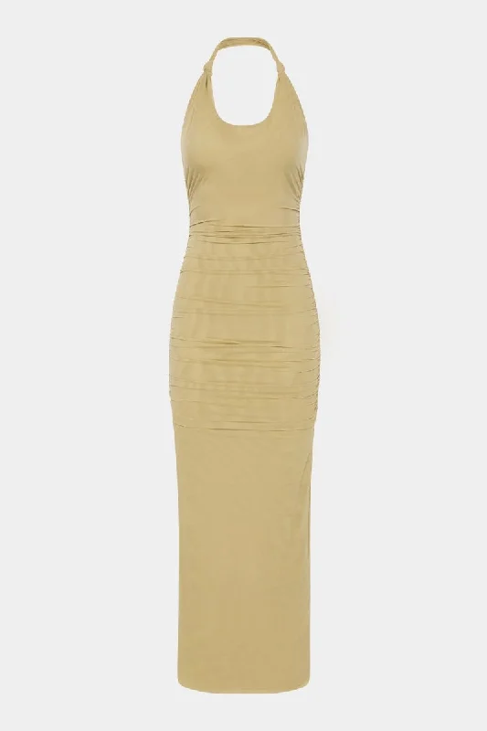 JACQUES KNOT MIDI DRESS-OLIVE Elegant Satin Button Midi Dress