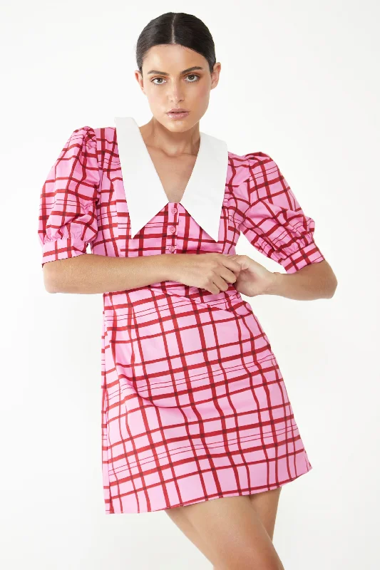 Glamorous Short Puff Sleeve Pink Red Grid Check Mini Dress with Collar Detail Trendy Bodycon Mini Dress