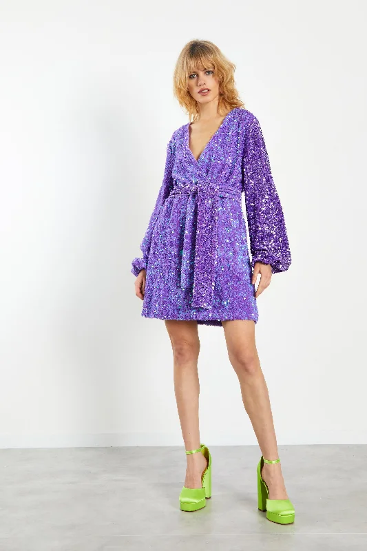 Glamorous Purple Sequin Tie Waist Wrap Mini Dress Trendy Crossover Mini Dress