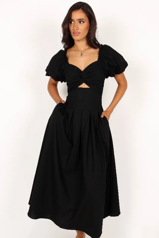 Maria Puff Sleeve Midi Dress - Black Trendy Shift Midi Dress