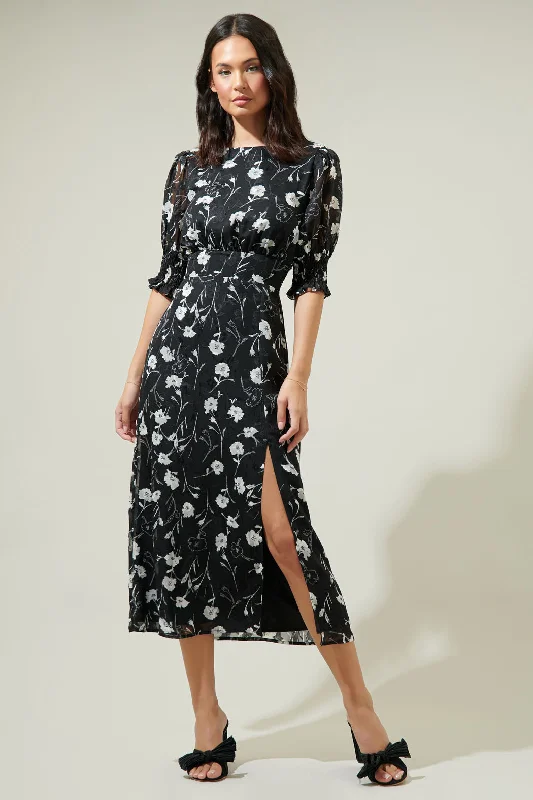 Marilu Floral Showoff Smocked Waist Midi Dress Stylish Long Sleeve Floral Midi Dress