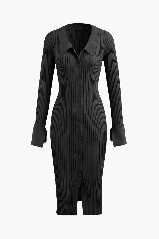 Collar Button Up Rib Knit Midi Dress Elegant Velvet Midi Dress