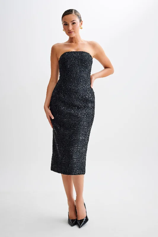 Monet Tweed Strapless Midi Dress - Black Cozy Knit Midi Dress