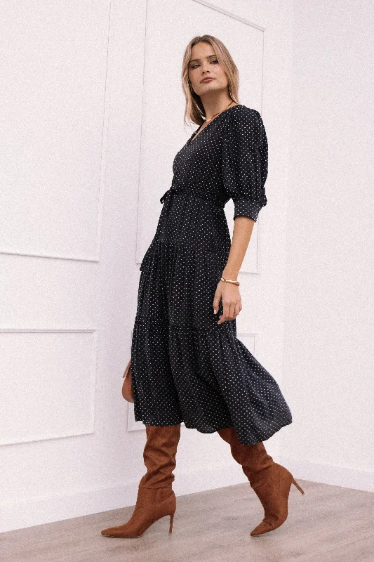 Moscow Midi Dress - Black Polka Dot Chic Off-Shoulder Midi Dress