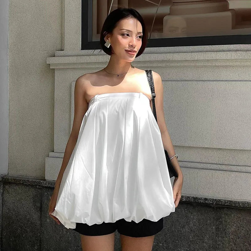 New White Strapless Loose Ruched Backless Splice Casual Mini Dress Trendy Floral Mini Dress