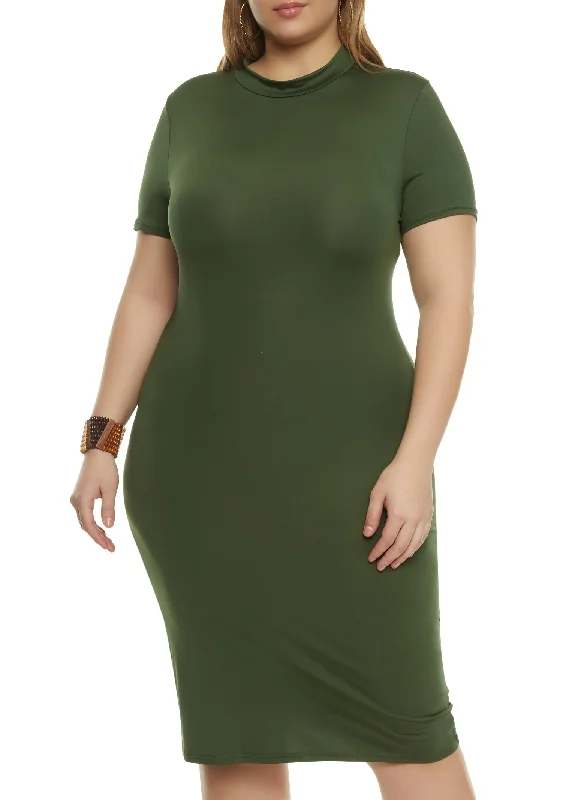 Plus Size Mock Neck Short Sleeve Midi Dress Trendy Off-Shoulder Button Midi Dress