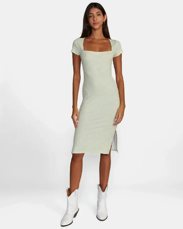 Partition Midi Dress - Lime Yellow Comfortable Ribbed Midi Dress