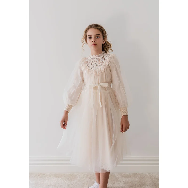 Petite Amalie Cream French Lace Tulle Midi Dress Stylish Long Sleeve Floral Midi Dress