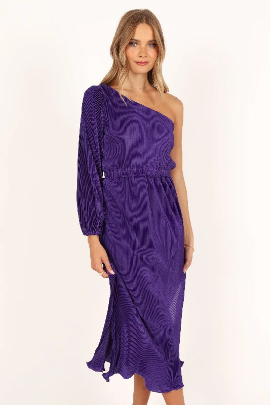 Pontee One Shoulder Pleated Midi Dress - Purple Comfortable Button Front Midi Dress