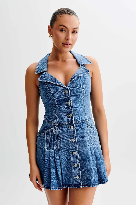 Porter Collared Denim Mini Dress - 70'S Blue Chic Tropical Mini Dress