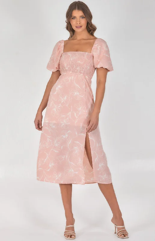 Printed Shirred Bodice Midi Dress with Puff Sleeves Fashionable Pleated Midi Dress