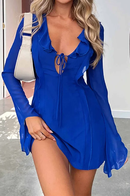 Ruffled Long Sleeved Lace Up Mini Dress Chic Puff Sleeve Mini Dress