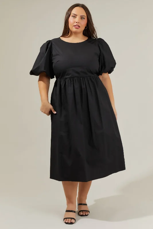 Rye Poplin Puff Sleeve Midi Dress Curve Elegant Satin Slip Midi Dress