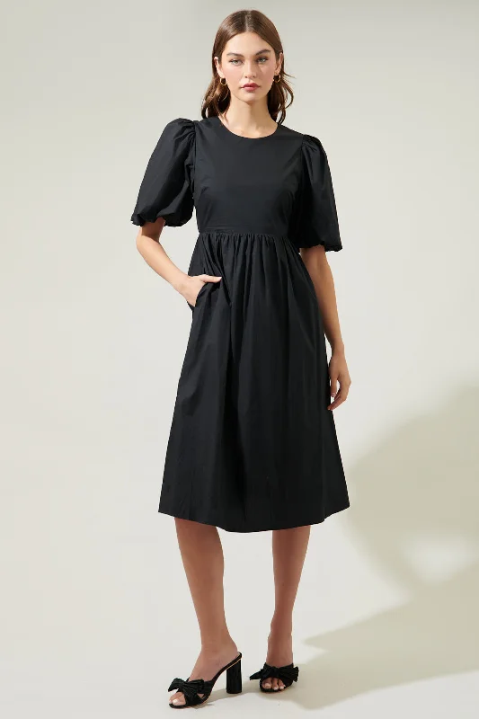 Rye Poplin Puff Sleeve Midi Dress Comfortable Knitwear Midi Dress