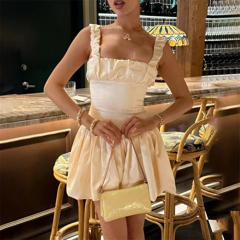 Satin Suspender Ball Gown Sleeveless Ruched Solid Summer Princess Party Mini Dress Cozy Knitted Mini Dress