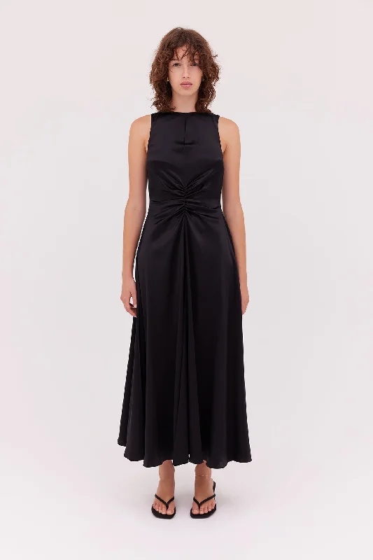 Silk Ruched Midi Dress Elegant Sleeveless Midi Dress