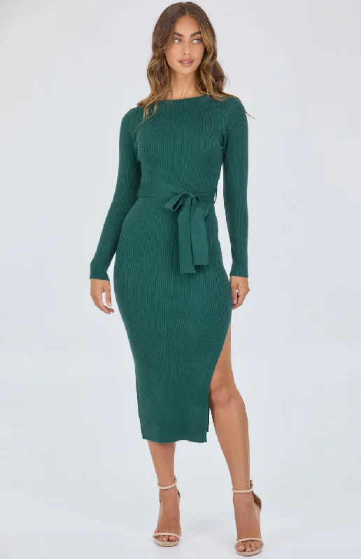 Boat Neckline Knit Midi Dress with Belt Trendy Tiered Hem Midi Dress