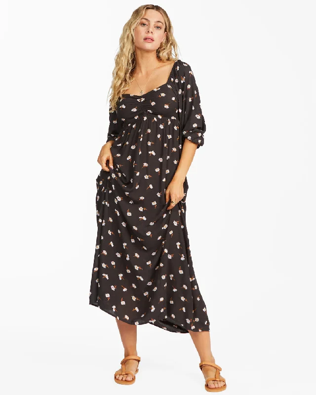 Swept Away Midi Dress - Off Black Stylish Wraparound Midi Dress