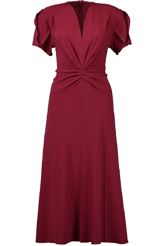 Gathered Waist Midi Dress - Oxblood Stylish Silk Midi Dress