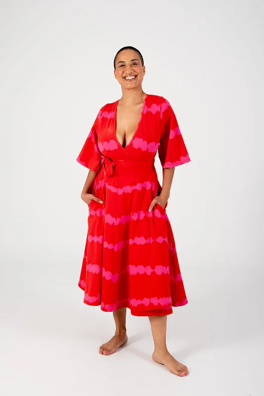 Wide Sleeved Wrap Midi Dress In Blot Red Trendy Smocked Detail Midi Dress