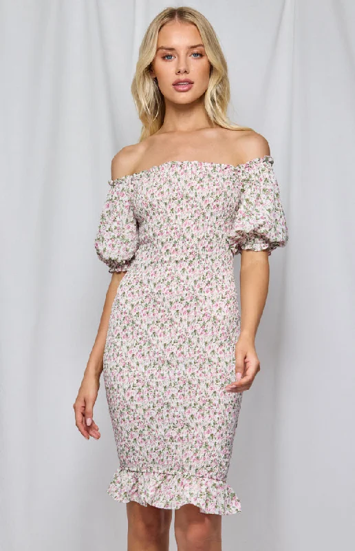 Printed Off The Shoulder Shirred Midi Dress Trendy Bodycon Midi Dress