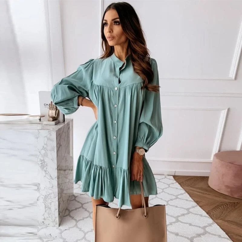 DressBetty - Women Vintage Ruffled Front Button A-line Dress Long Sleeve Stand Collar Solid Elegant Casual Mini Dress Autumn New Dress Fashionable Lace-Trim Mini Dress